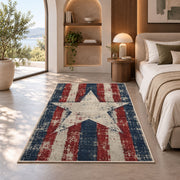 Distressed Americana Star rug in a bedroom with an arched window