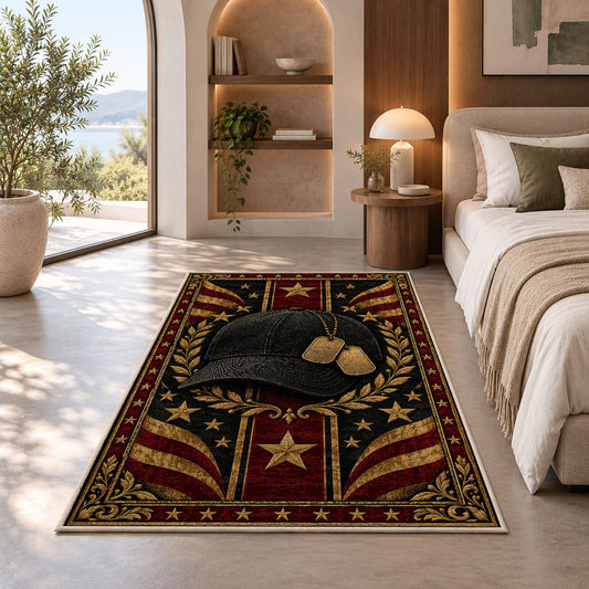 Veteran Cap and Dog Tags rug in a bedroom with an arched window