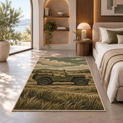 Vintage Military Jeep rug in a bedroom with an arched window