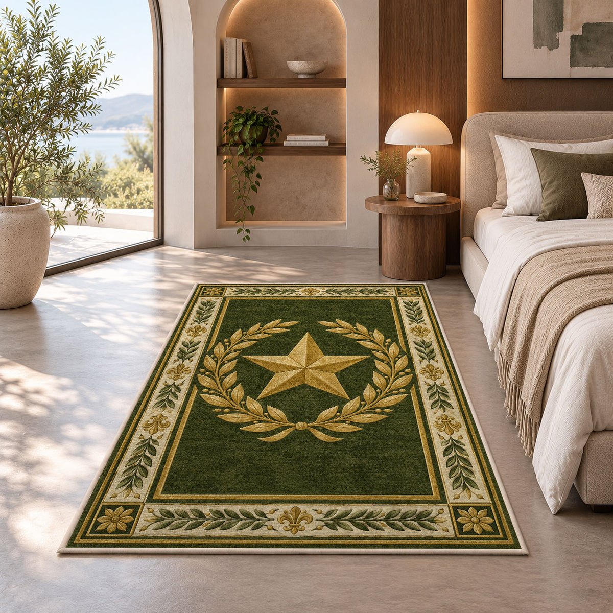Gold Star Laurel rug in a bedroom with an arched window