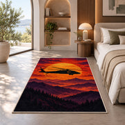 Helicopter Sunset rug in a bedroom with an arched window