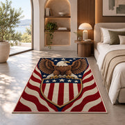 Patriotic Eagle Shield rug in a bedroom with an arched window