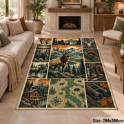 Wildlife Hunting Camp Collage area rug in pine green, warm beige and orange, view 8
