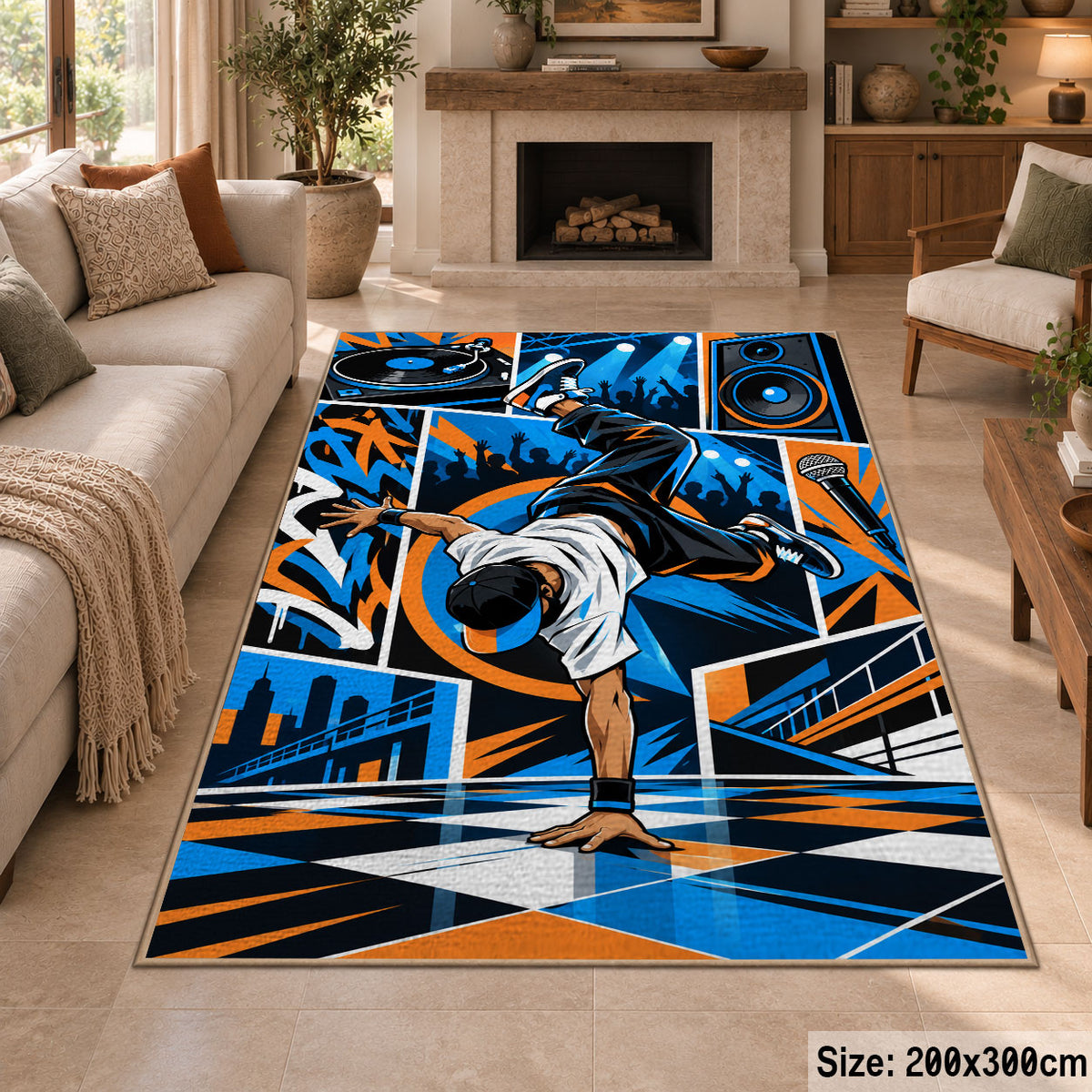 Breakdance Street Art area rug in electric blue, orange and black, view 8