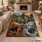 Four Season Hunting Wildlife area rug in autumn orange, snow blue and forest green, view 8