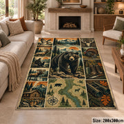 Bear and Deer Woodland Collage area rug in olive green, brown and cream, view 8