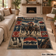 Galloping Racehorses and Track Panels area rug in muted red, navy and sepia, view 8