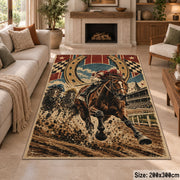 Galloping Horse and Horseshoe Medallion area rug in tan, brown and dark green, view 8