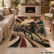 Racehorses and Sunburst Track area rug in warm ochre, burgundy and slate, view 8