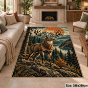 Stag in a Pine Forest area rug in sunset orange, forest green and tan, view 8