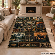 Woodland Hunting Camp Grid area rug in warm brown, sage and charcoal, view 8