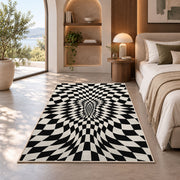 Warped Checkerboard Area Rug, Black Cream Optical Illusion Rug, Bold Geometric Room Decor - Image 8
