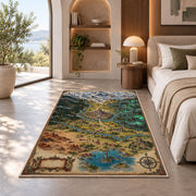 Kingdom map rug with castle, mountain peaks, forests, and lake in a bedroom beside a window