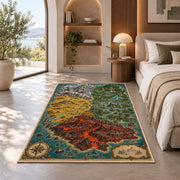 Fantasy island map rug with red volcanic terrain, green forest, and turquoise sea in a bedroom beside a window