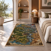 Fantasy river valley map rug with forest settlements and mountain fortress in a bedroom beside a window