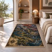 Dark mountain map rug with fiery volcano, waterfalls, and castles in a bedroom beside a window
