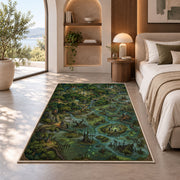 Enchanted swamp map rug with green marsh islands and winding blue waterways in a bedroom beside a window