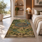 Medieval walled city map rug with surrounding rivers, roads, and compass in a bedroom beside a window