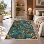 Fantasy archipelago map rug with blue ocean, castle islands, and sailing vessels in a bedroom beside a window