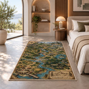 Fantasy trade route map rug with winding rivers, bridges, and woodland towns in a bedroom beside a window