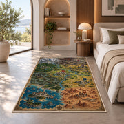 Fantasy campaign map rug with colorful kingdoms, flags, castles, and coastal terrain in a bedroom beside a window