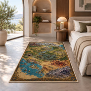 Fantasy coastal world map rug with harbor, desert, mountain ranges, and compass in a bedroom beside a window