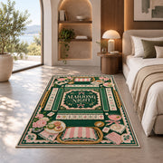 Green and pink mahjong night rug in a bedroom beside a window