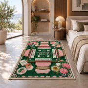 Green Mahjong Table Rug with Pink Floral Tea Details in a bedroom beside a window