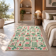 Cream Mahjong Tile Rug with Pink Floral Border in a bedroom beside a window