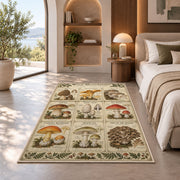 Vintage wild mushroom identification chart rug in a bedroom beside a window