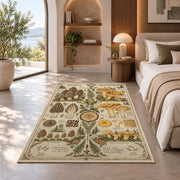 Vintage morel and chanterelle botanical study rug in a bedroom beside a window