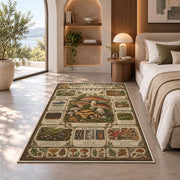 Vintage woodland mushroom almanac rug in a bedroom beside a window