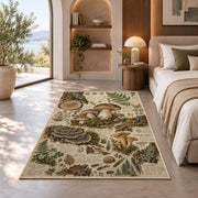 Vintage forest floor naturalist sketch rug in a bedroom beside a window