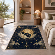 Sun and moon faces celestial rug in a bedroom beside a window