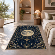 Full moon zodiac circle with floral corners rug in a bedroom beside a window