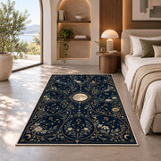 Floral celestial full moon night sky rug in a bedroom beside a window