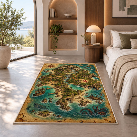 Turquoise treasure island map rug in a bedroom beside a window