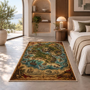 Vintage skull mountain pirate map rug in a bedroom beside a window