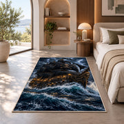 Black pirate ship in a stormy sea rug in a bedroom beside a window