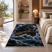 Lantern-lit pirate galleon in a lightning storm rug in a bedroom beside a window