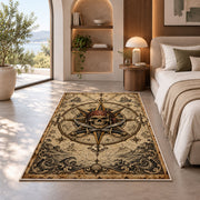 Pirate skull compass rose with crossed swords rug in a bedroom beside a window