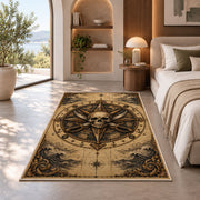 Sepia skull compass with crossed cutlasses rug in a bedroom beside a window