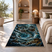Kraken attacking a ship in a stormy sea rug in a bedroom beside a window