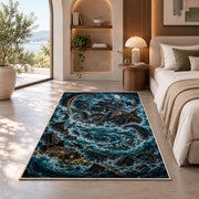 Kraken whirlpool shipwreck rug in a bedroom beside a window