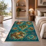 Pirate archipelago map with volcano and skull island rug in a bedroom beside a window