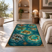 Tropical atoll pirate map rug in a bedroom beside a window