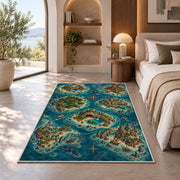 Pirate cove island map with shipwreck and sharks rug in a bedroom beside a window