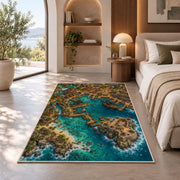 Aerial pirate harbor town with fortress rug in a bedroom beside a window