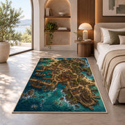 Aerial pirate port city with docks rug in a bedroom beside a window