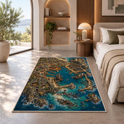 Aerial pirate docks with galleons rug in a bedroom beside a window
